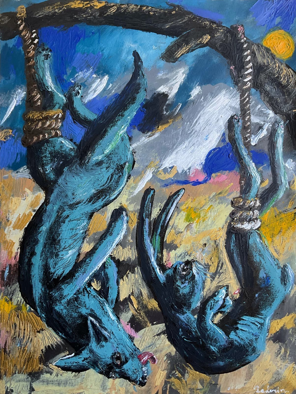 Perro y Liebre Cayendo — oil painting by Porfirii Fedorin, 2024